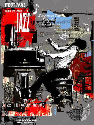 Jazz poster with pianist over grunge background