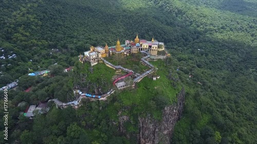 Aerial view from the drone on the Mount Popa,home of Nat the Burmese mythology ghost this place is the old volcano in Bagan, Myanmar