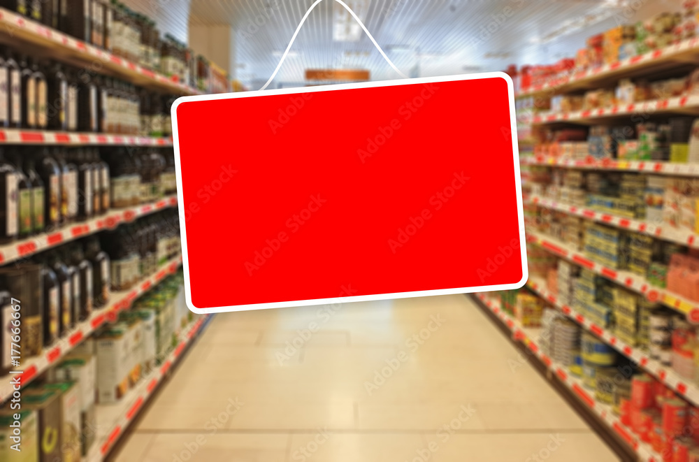 Fotografie Red empty label on an abstract Supermarket background