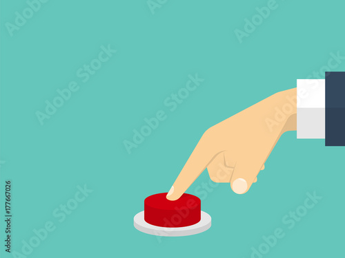 Hand pressing the red button. Flat design style. Vector illustra