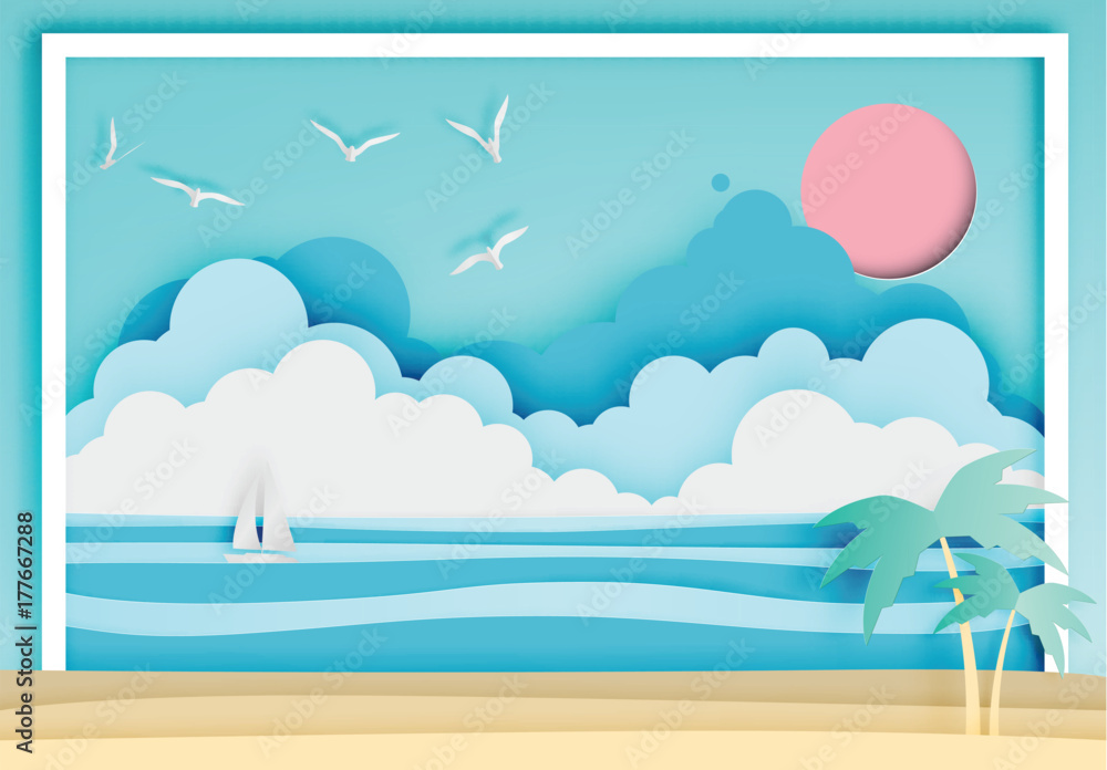 Beautiful beach paper art style with frame