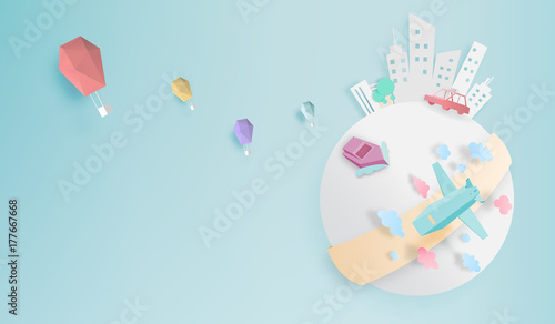 Transportation around the world with city paper art style
