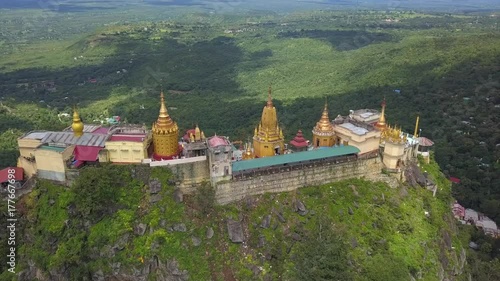 Aerial view from the drone on the Mount Popa,home of Nat the Burmese mythology ghost this place is the old volcano in Bagan, Myanmar