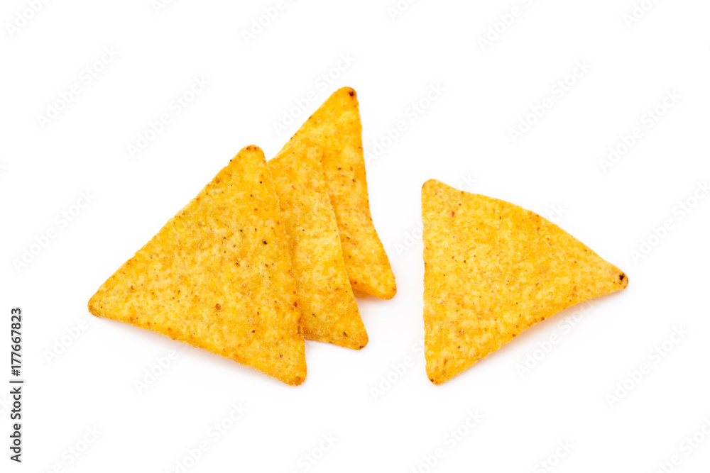 Corn chips,triangle, nachos isolated on white background Corn chips,triangle, nachos isolated on white background