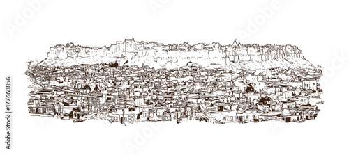 Sketch of Jaisalmer fort in the Indian state of Rajasthan. Vector illustration.