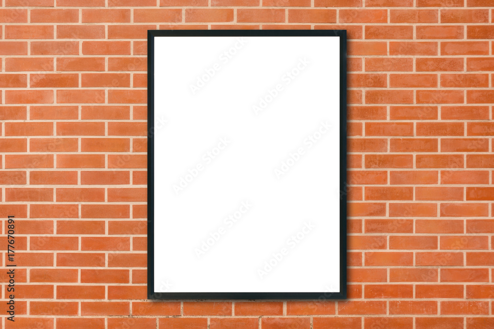 Mock up blank poster picture frame hanging on red brick wall background in room - can be used mock up for montage products display and design key visual layout. Mock up poster in interior background. Mock up blank poster picture frame hanging on red brick wall background in room - can be used mock up for montage products display and design key visual layout. Mock up poster in interior background.