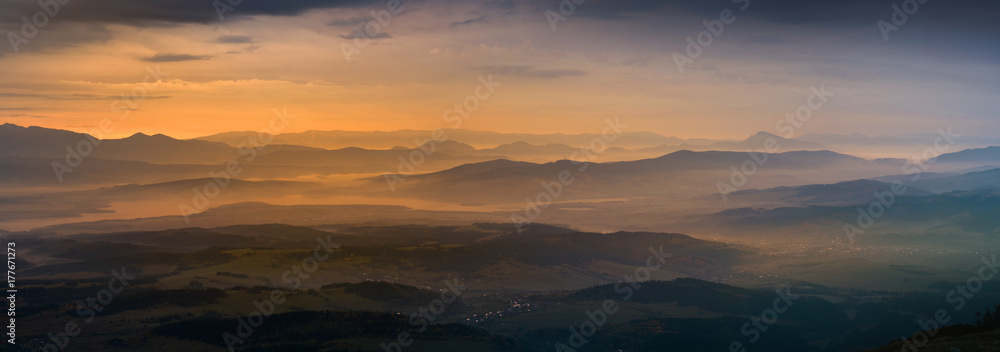 Panoramic view of sunrise in Tatra mountain.