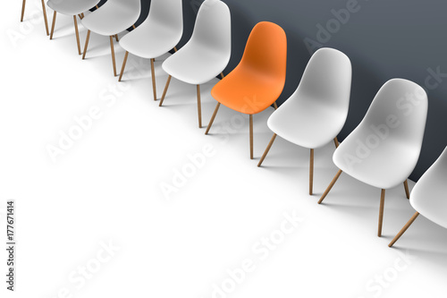 Row of chairs with one odd one out. Job opportunity. Business leadership. recruitment concept. 3D rendering