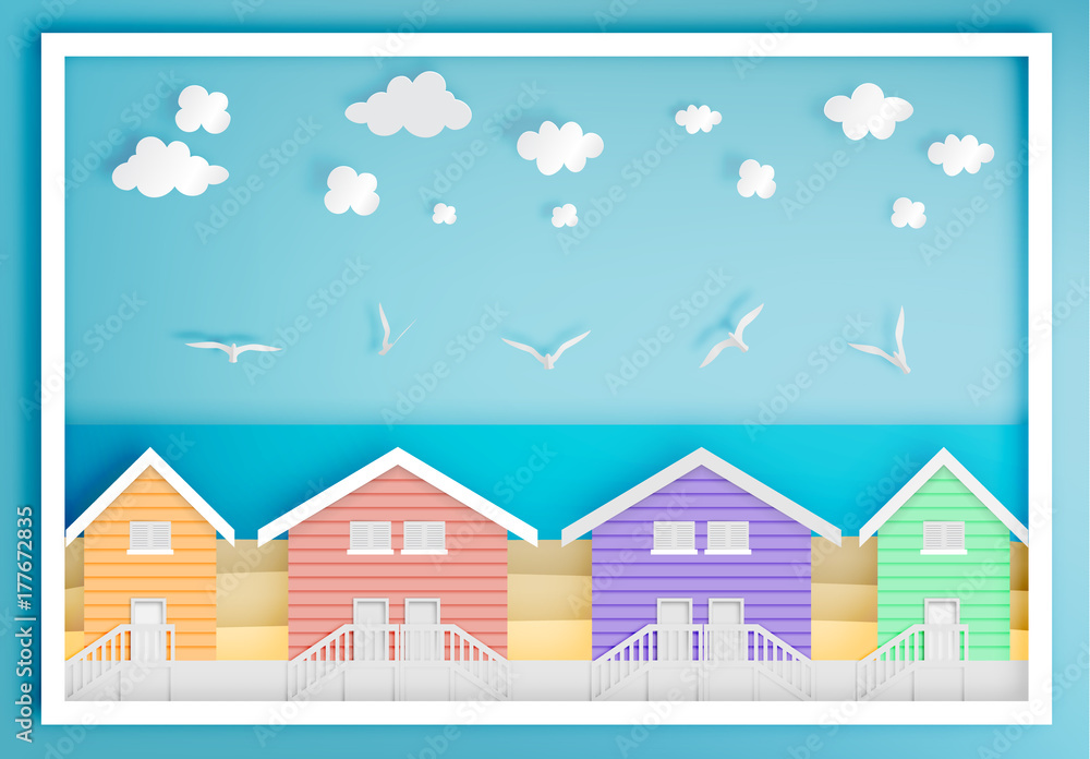 Beach house with ocean background frame paper art