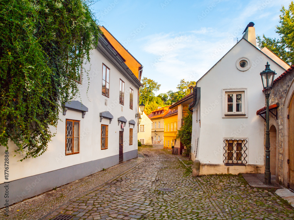 Old medieval narrow cobbled street and small ancient houses of Novy Svet, Hradcany district, Prague, Czech Republic.