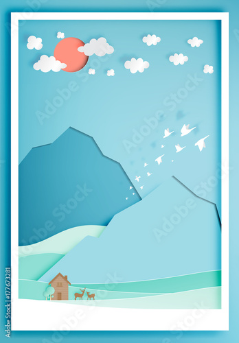 Small wood house with moutain backgroud paper art style