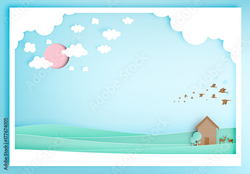 Small wood house with moutain backgroud paper art style
