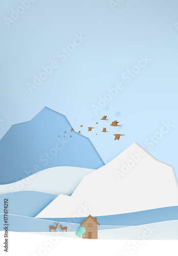 Small wood house with moutain backgroud paper art style