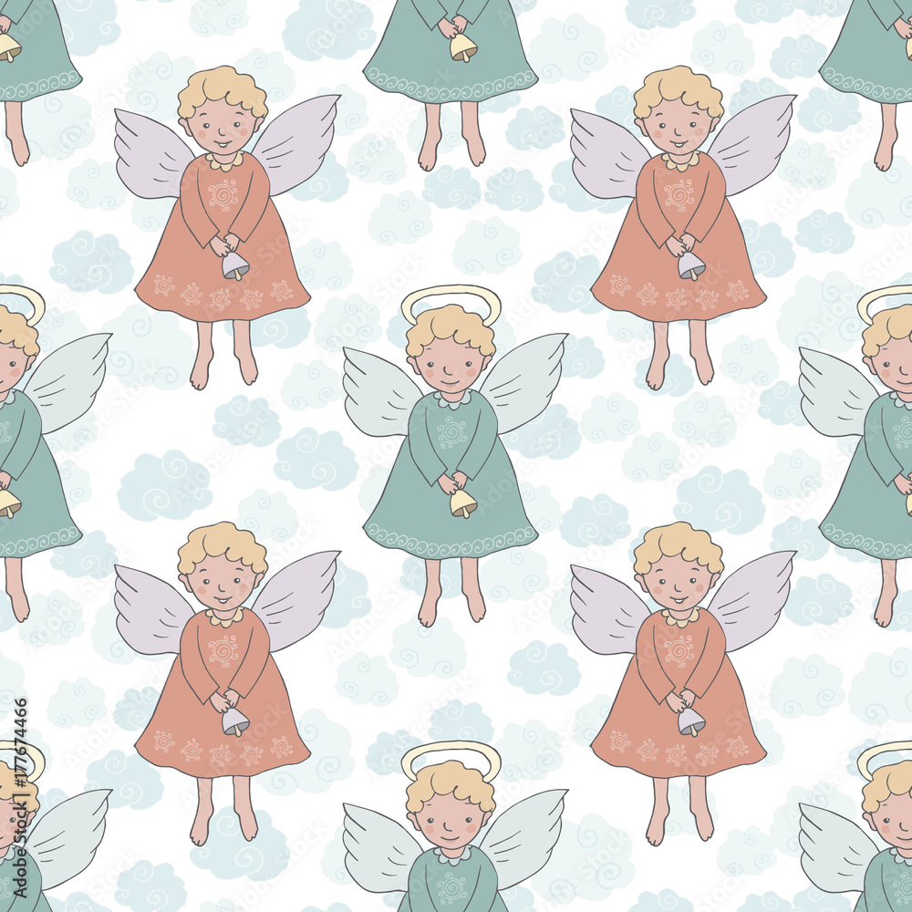 Christmas seamless pattern with cute angels with bell Christmas seamless pattern with cute angels with bell