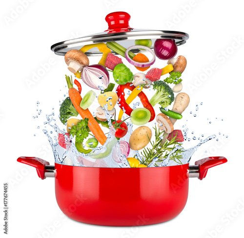 fresh ingredients vegetables and meat falling into red cooking pot with water splash food kitchen concept isolated on white background / Frische Zutaten gemüse fallen in roten Kochtopf isoliert  photo