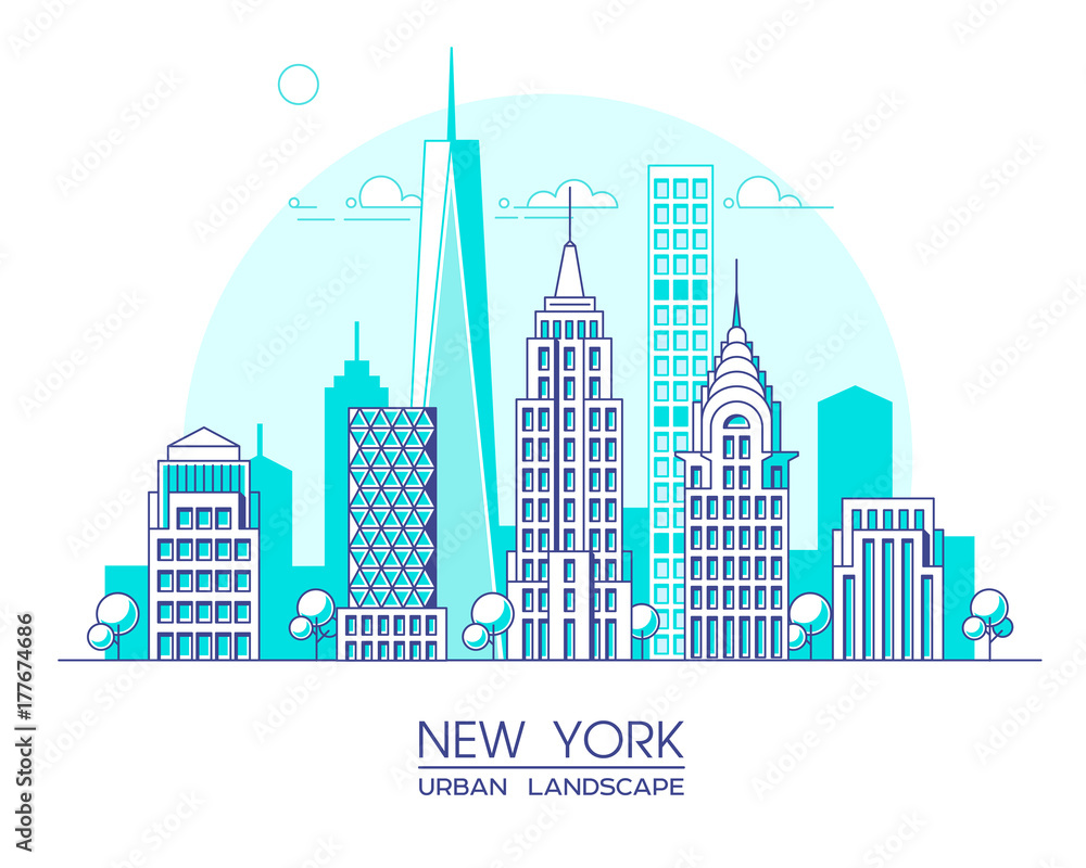 New York city line vector illustration. Famous buildings and skyscrapers. Cityscape.