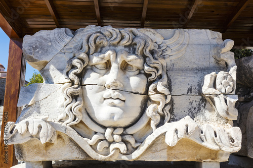 Head of Gorgon, fragment of freeze, 2nd century AD at the Apollo Temple in Didym, Tukey. photo