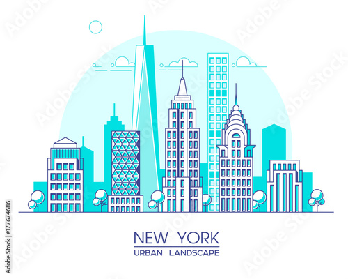 New York city line vector illustration. Famous buildings and skyscrapers. Cityscape.