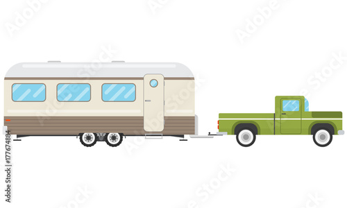 Pickup pulls the house on wheels on a white background. House-trailer. Vector illustration