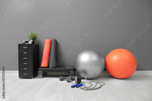 Different physiotherapy equipment in room