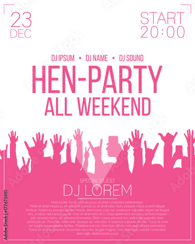 Hen-party flyer or poster design template. Night dance party, disco party background with people crowd