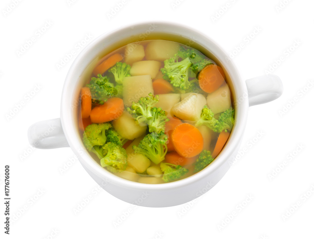 Ceramic bowl with soup for baby on white background Ceramic bowl with soup for baby on white background