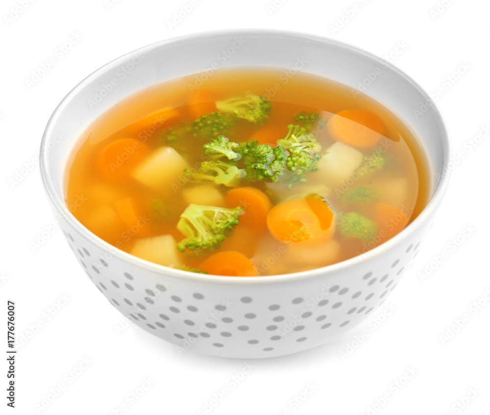 Ceramic bowl with soup for baby on white background Ceramic bowl with soup for baby on white background