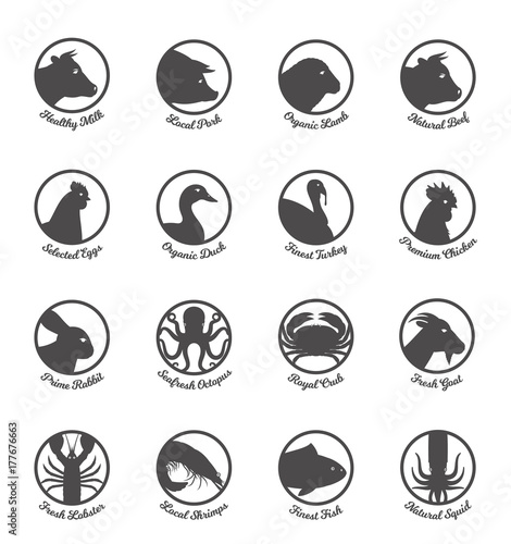 Vector farm animals and seafood flat icons