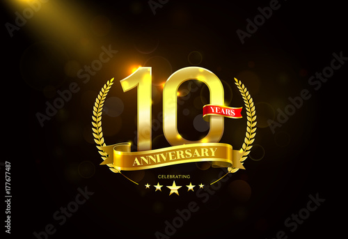 10 Years Anniversary with laurel wreath Golden Ribbon