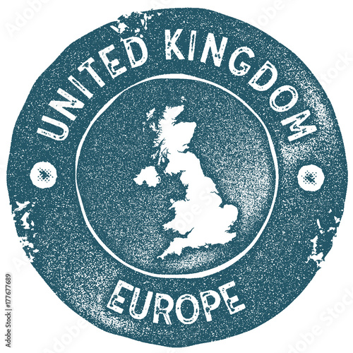 United Kingdom map vintage stamp. Retro style handmade label. United Kingdom badge or element for travel souvenirs. Rubber stamp with country map silhouette. Vector illustration.