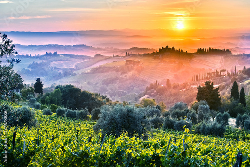 Fotografie, Obraz Landscape view of Tuscany, Italy during sunrise