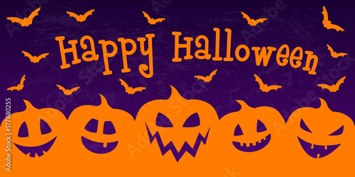 Banner with wishes "Happy Halloween" and silhouettes of pumpkins. Vector.