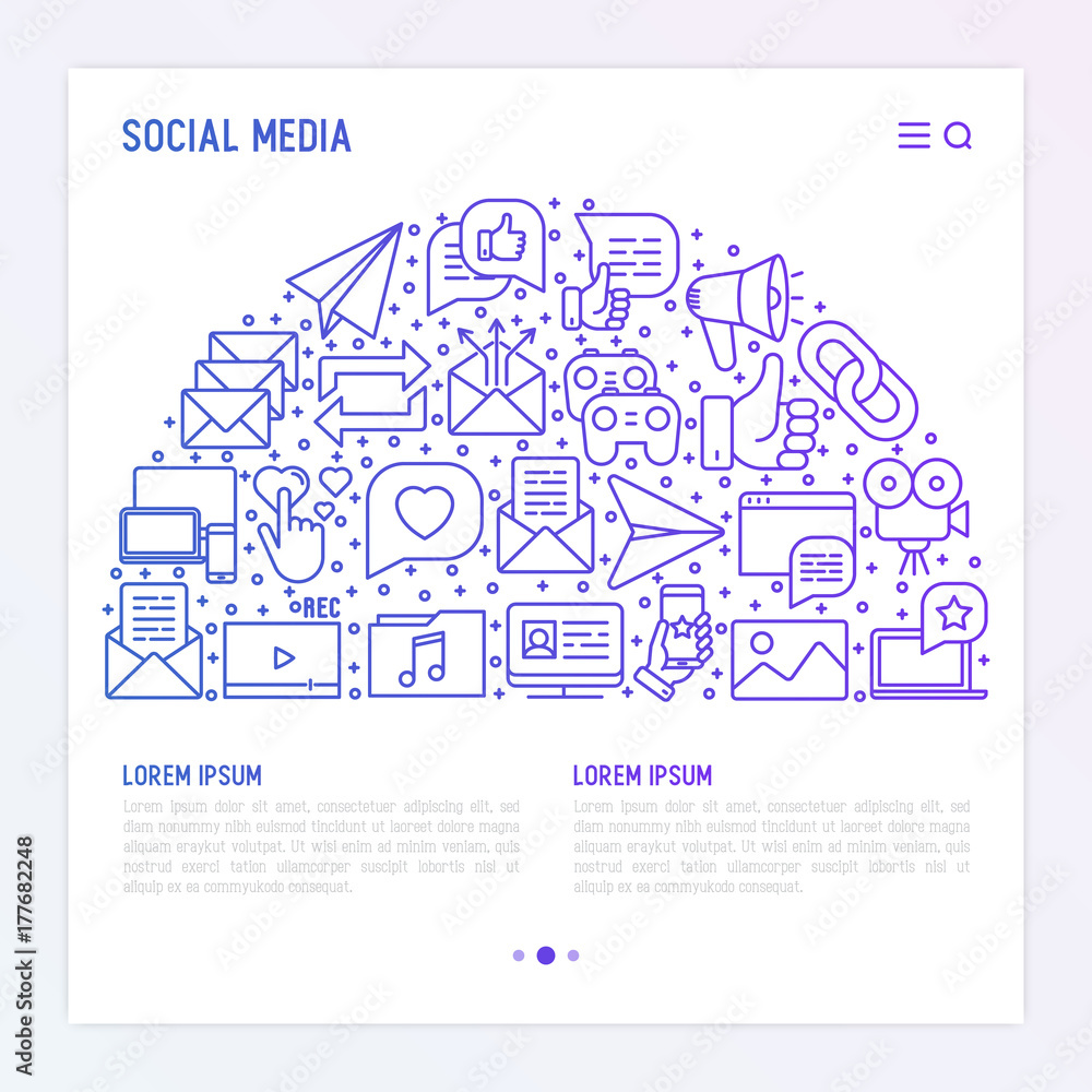 Social media concept in half circle with thin line icons. of thumbs up, share, link, send e-mail, music, stream, comments. Vector illustration for banner, web page, print media with place for text.