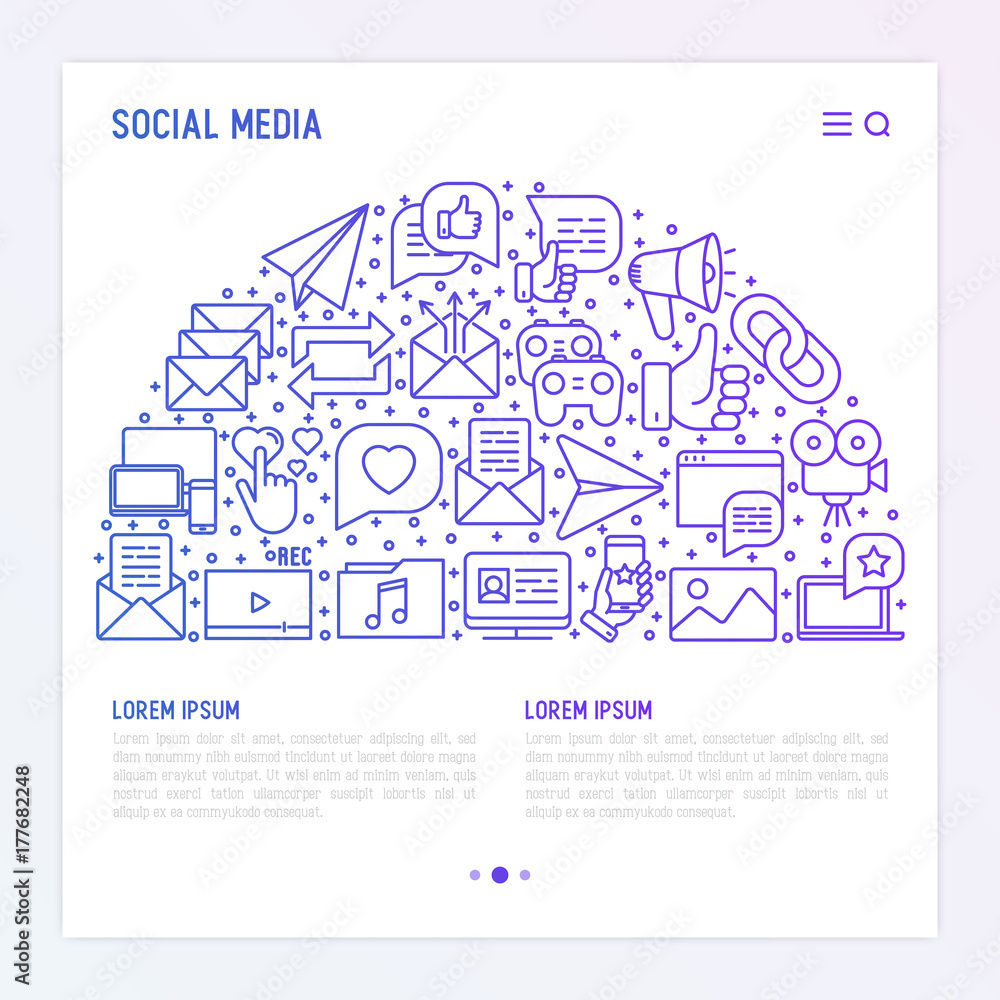 Social media concept in half circle with thin line icons. of thumbs up, share, link, send e-mail, music, stream, comments. Vector illustration for banner, web page, print media with place for text. Social media concept in half circle with thin line icons. of thumbs up, share, link, send e-mail, music, stream, comments. Vector illustration for banner, web page, print media with place for text.