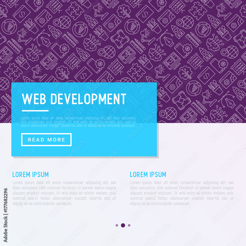 Web development concept with thin line icons of programming, graphic design, mobile app, strategy, artificial intelligence, optimization, analytics. Vector illustration for banner, web page.
