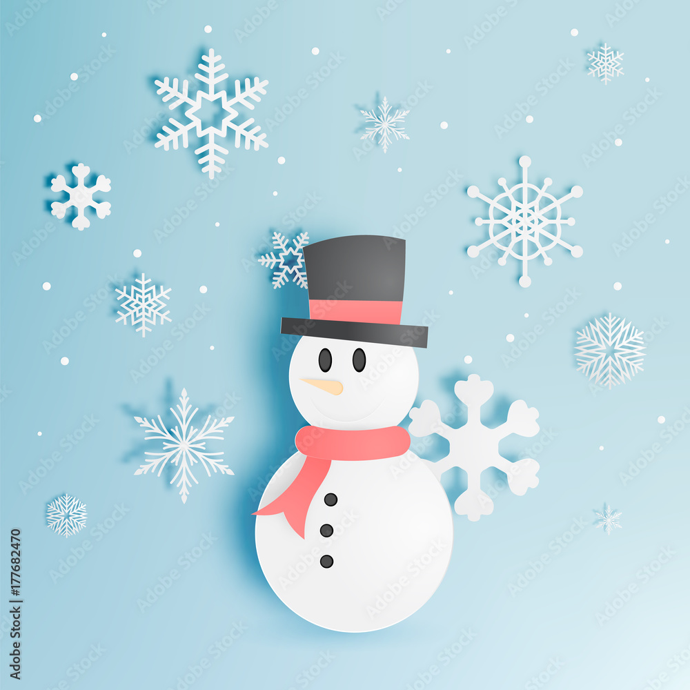 Snowman and snow flake with paper art style Snowman and snow flake with paper art style