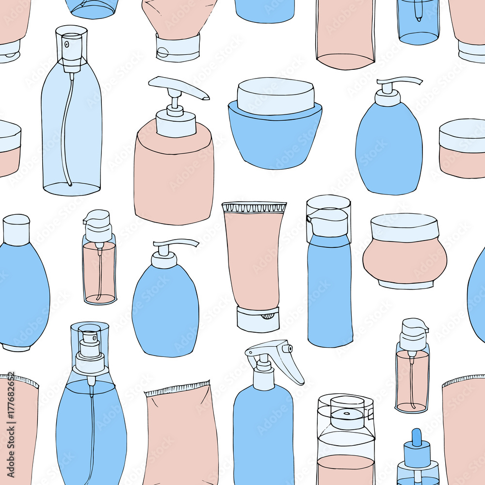Hand drawn vector seamless pattern. Body care, cosmetic, beauty products in cartoon style. Pink, blue Soap bottle, containers, tubes for cream, lotion, shampoo, gel, balsam, conditioner, spray doodle. Stock Vector | Adobe Hand drawn vector seamless pattern. Body care, cosmetic, beauty products in cartoon style. Pink, blue Soap bottle, containers, tubes for cream, lotion, shampoo, gel, balsam, conditioner, spray doodle. Stock Vector | Adobe