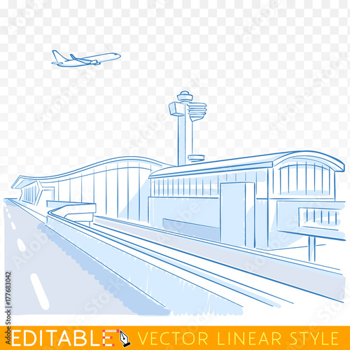 View on airport. Plane above runway. Editable sketch in blue ink style. Hand drawn doodle vector illustration.