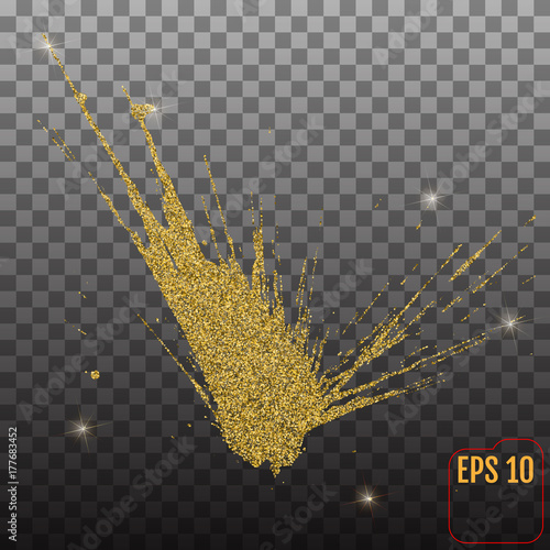 Illustration of confetti explosion effect isolated on transparent gray background. Space star explosion of paint splatter. Gold splash abstract background, blob frame vector illustration.