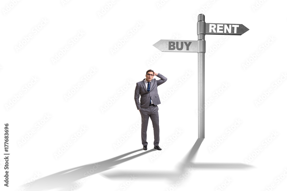 Businessman at crossroads betweem buying and renting on white Businessman at crossroads betweem buying and renting on white