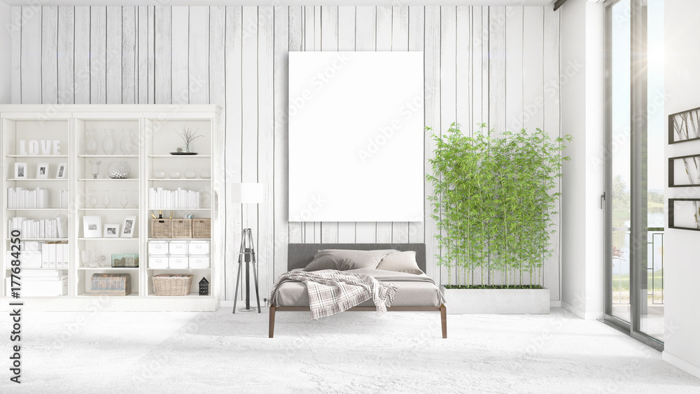 Fashionable modern loft interior with empty frame and copyspace in horizontal arrangement. 3D rendering. Fashionable modern loft interior with empty frame and copyspace in horizontal arrangement. 3D rendering.