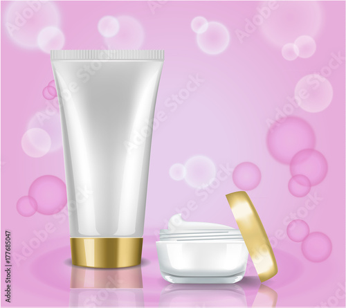 Beauty Care Products Package on the pink background with water bubbles. Mock up cosmetic bottle and tube for cream, gel, liquid, shampoo, foam. 3D Realistic Vector illustration for design, template