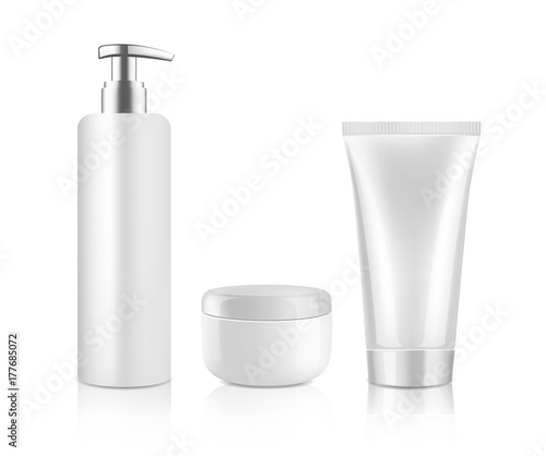 Realistic cosmetic mock up set. White bottles, tube for shampoo, cream, gel, etc. Template for your brand design on white background. Vector illustration.