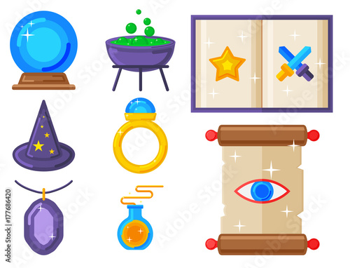 Special magic symbol magician fantasy carnival mystery tools cartoon miracle decoration vector illustration.