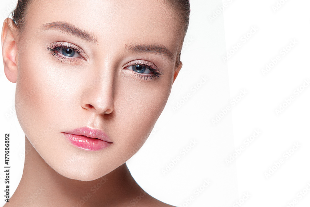 Fototapeta premium Beautiful woman portrait with fresh clear nude make up, healthy skin, skin care.