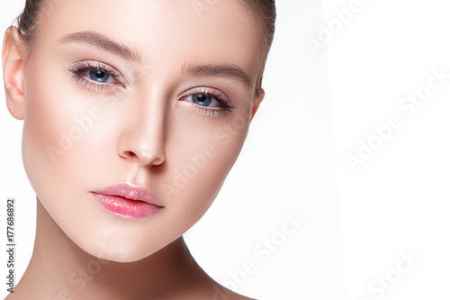 Beautiful woman portrait with fresh clear nude make up, healthy skin, skin care.