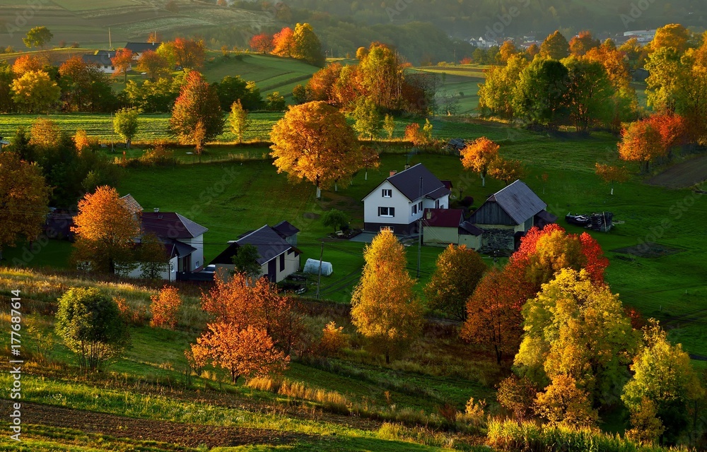 Fall landscape in Slovakia. Rural countryside in Polana region. Fields and meadows with autumn trees in Hrinova at sunrise.