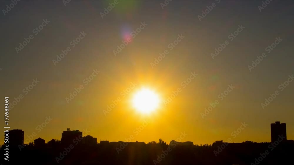 Sun and skyline at sunset with lense flares, timelapse, Sun and skyline at sunset with lense flares, timelapse,