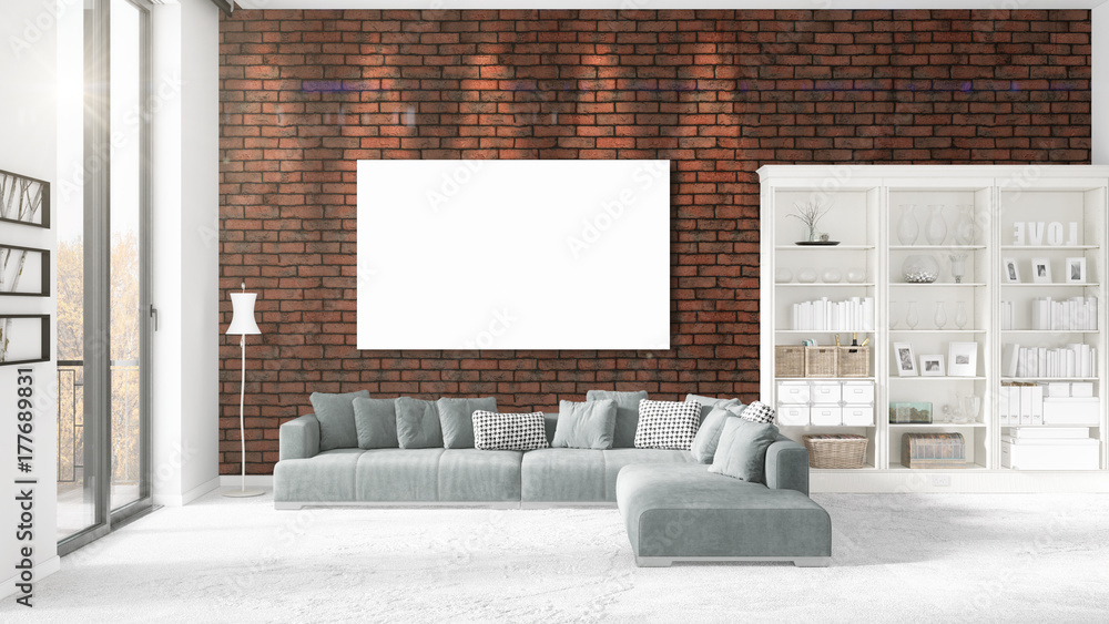 Fashionable modern loft interior with empty frame and copyspace in horizontal arrangement. 3D rendering. Fashionable modern loft interior with empty frame and copyspace in horizontal arrangement. 3D rendering.