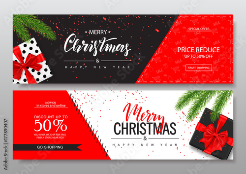 Merry Christmas Horizontal Banners Set With gift boxes. Vector Illustration. Happy New Year Concept. Season sale. Concept for web banners and promotional materials.